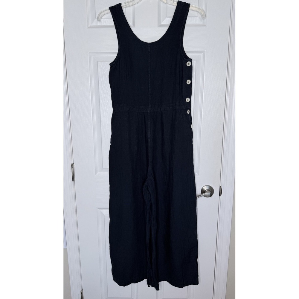Toast Linen Jumpsuit Size S Navy Side Button Wide Leg Dungarees Delave Pocket - Picture 3 of 8